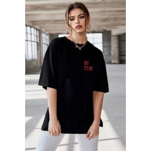 Kadın Baskılı T-Shirt Kısa Kol Bisiklet Yaka Oversize Rahat Kalıp Tişört - Siyah
