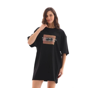 Kadın Baskılı T-Shirt Kısa Kol Bisiklet Yaka Oversize Rahat Kalıp Tişört - Siyah
