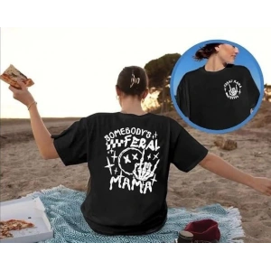 Kadın Baskılı T-Shirt Kısa Kol Bisiklet Yaka Oversize Rahat Kalıp Tişört - Siyah