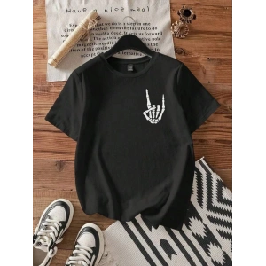 Kadın Baskılı T-Shirt Kısa Kol Bisiklet Yaka Oversize Rahat Kalıp Tişört - Siyah