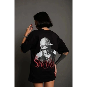 Kadın Baskılı T-Shirt Oversize Kısa kol Bisiklet yaka tişort- Siyah