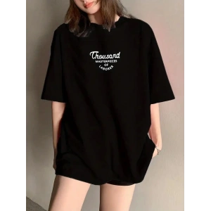 Kadın Baskılı Tişört Bisiklet yaka yazlık Kısa Kol oversize t-shirt - Siyah