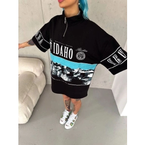Kadın Baskılı Yarım Fermuarlı Kısa kol T-Shirt - Siyah