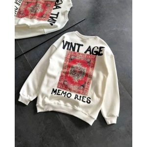 Kadın Bisiklet Yaka 3 İplik Baskılı Oversize SweatShirt - Beyaz