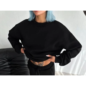 Kadın Bisiklet Yaka 3 İplik Pamuklu Basic SweatShirt - Siyah