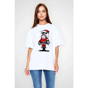 kadın Bisiklet Yaka Baskılı  Kısa kol Oversize T-Shirt - Beyaz