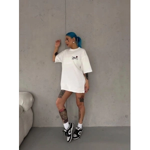 Kadın Bisiklet Yaka Baskılı Kısa kol Oversize T-Shirt - Beyaz