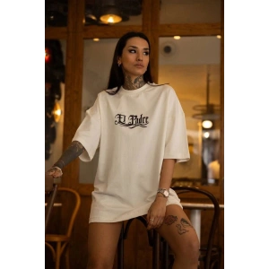 kadın Bisiklet Yaka Baskılı  Kısa kol Oversize T-Shirt - Beyaz