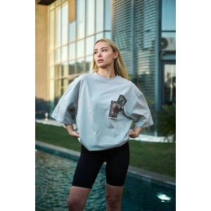 kadın Bisiklet Yaka Baskılı Kısa kol Oversize T-Shirt - Boyalı Gri