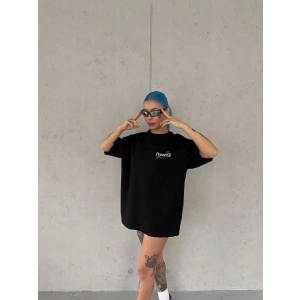 Kadın Bisiklet Yaka Baskılı kısa kol Oversize T-Shirt - Siyah