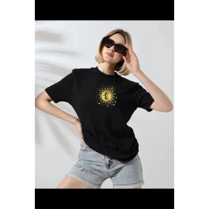 Kadın Bisiklet Yaka Baskılı  Kısa kol T-Shirt - Siyah