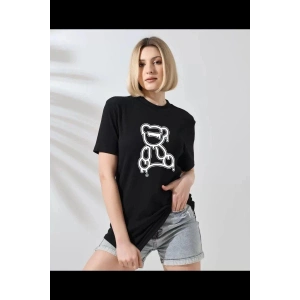 Kadın Bisiklet Yaka Baskılı  Kısa kol T-Shirt - Siyah