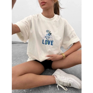 kadın Bisiklet Yaka Baskılı oversize  Kısa kol T-Shirt - Beyaz