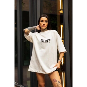 kadın Bisiklet Yaka Baskılı Oversize  Kısa kol T-Shirt - Beyaz