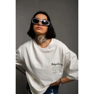 kadın Bisiklet Yaka Baskılı Oversize Kısa kol  T-Shirt - Beyaz