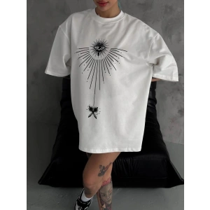 kadın Bisiklet Yaka Baskılı Oversize  Kısa kol T-Shirt - Beyaz