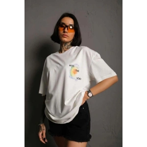 kadın Bisiklet Yaka Baskılı Oversize Kısa kol T-Shirt - Beyaz
