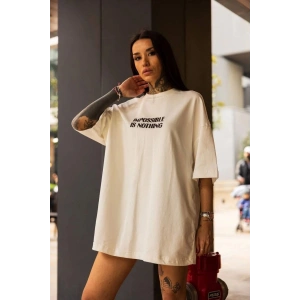 Kadın Bisiklet Yaka Baskılı Oversize  Kısa kol T-Shirt - Beyaz