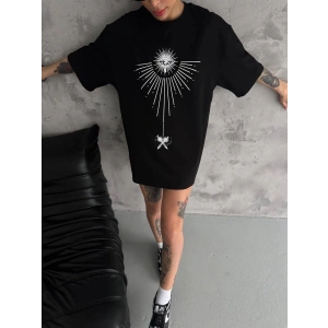 kadın Bisiklet Yaka Baskılı Oversize  Kısa kol T-Shirt - Siyah