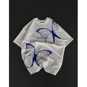 kadın  Bisiklet Yaka Baskılı Oversize T-Shirt - Beyaz