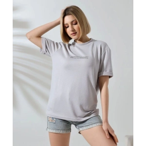 Kadın Bisiklet Yaka Baskılı Slim Fit T-Shirt - Boyalı Gri