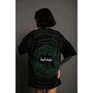 Kadın Bisiklet Yakalı Sırt Baskılı Oversize Kısa kol T-Shirt - Siyah