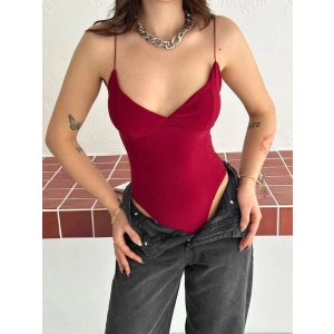 Kadın Derin Dekolte Askılı Body Sırt Dekolteli Şık Kolsuz Yazlık Bodysuit - Kırmızı