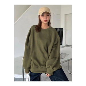 Kadın Düz Bisiklet Yaka 3 iplik  Sweatshirt - Yeşil