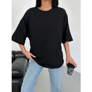 Kadın Düz T-Shirt Kısa Kol Bisiklet Yaka Oversize Tişört - Siyah