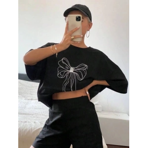 Kadın Fiyonk Baskılı T-Shirt Kısa Kol Bisiklet Yaka Oversize Tişört - Siyah