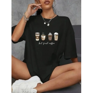 Kadın Kahve Desen Baskılı Tişört Kısa Kol Bisiklet Yaka Oversize T-Shirt - Siyah