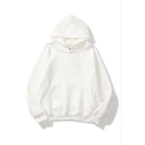 Kadın Kapüşonlu Kanguru Cepli 3 İplik Pamuklu Düz Hoodie Sweatshirt - Beyaz