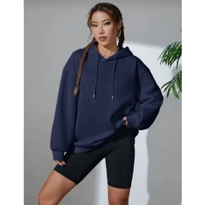 Kadın Kapüşonlu Kanguru Cepli 3 İplik Pamuklu Oversize Hoodie Sweatshirt - Lacivert