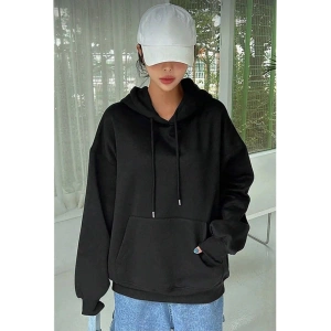 Kadın Kapüşonlu Kanguru Cepli 3 İplik Pamuklu Oversize Hoodie Sweatshirt - Siyah