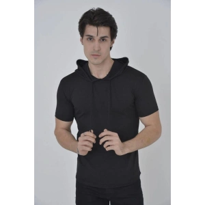 Kadın Kapüşonlu T-Shirt Kısa Kol Bisiklet Yaka Slimfit Tişört    - Siyah