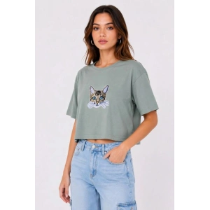 Kadın Kedi Baskılı Oversize Crop Tişört Salaş Basic Yarım Kol T-shirt - Mint Yeşili