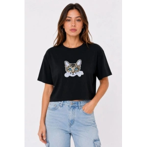 Kadın Kedi Baskılı Oversize Crop Tişört Salaş Basic Yarım Kol T-shirt - Siyah