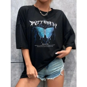 Kadın kelebek Baskılı Oversize kısa kol T-Shirt - Siyah