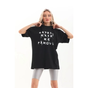 Kadın Kısa Kol Yazlık Tişört Bisiklet Yaka Baskılı Oversize T-Shirt - Siyah
