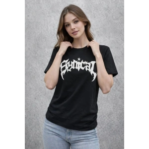 Kadın Kısa Kol Yazlık Tişört Bisiklet Yaka Baskılı Oversize T-Shirt - Siyah