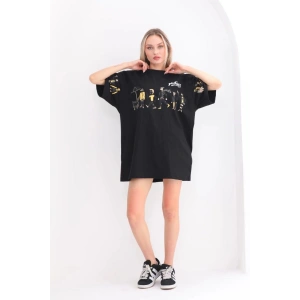 Kadın Kısa Kol Yazlık Tişört Bisiklet Yaka Baskılı Oversize T-Shirt - Siyah