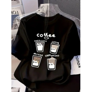 Kadın Kısa Kol Yazlık Tişört Bisiklet Yaka Baskılı Oversize T-Shirt - Siyah