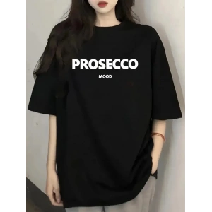Kadın Kısa Kol Yazlık Tişört Bisiklet Yaka Baskılı Oversize T-Shirt - Siyah