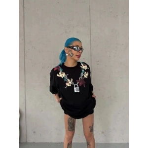 Kadın Kısa Kol Yazlık Tişört Bisiklet Yaka Baskılı Oversize T-Shirt - Siyah