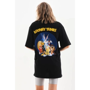 Kadın Kısa Kol Yazlık Tişört Bisiklet Yaka Baskılı Oversize T-Shirt - Siyah