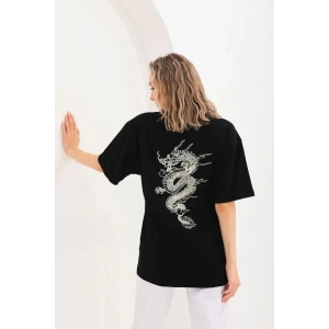 Kadın Kısa Kol Yazlık Tişört Bisiklet Yaka Ejderha Baskılı T-Shirt - Siyah