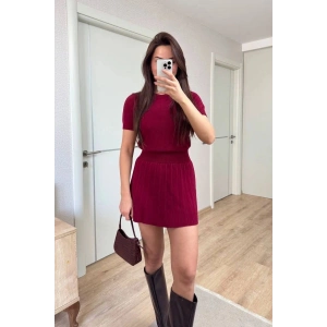 Kadın Kısa Kollu Bluz Mini Etekli ikili Takım Triko - Bordo
