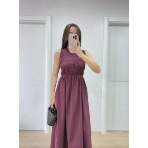 Kadın Kolsuz Göğüs Lastıklı %100 Poplin Uzun Elbise - Bordo
