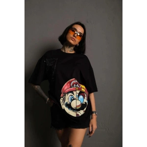 Kadın Mario Baskılı T-Shirt Oversize Kısa kol Bisiklet yaka tişort - Siyah