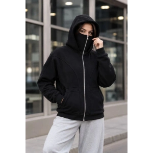 Kadın Maskeli Ninja Model Çift Kapüşonlu 3 İplik Şardonlu Fermuarlı Oversize Sweatshirt - Siyah